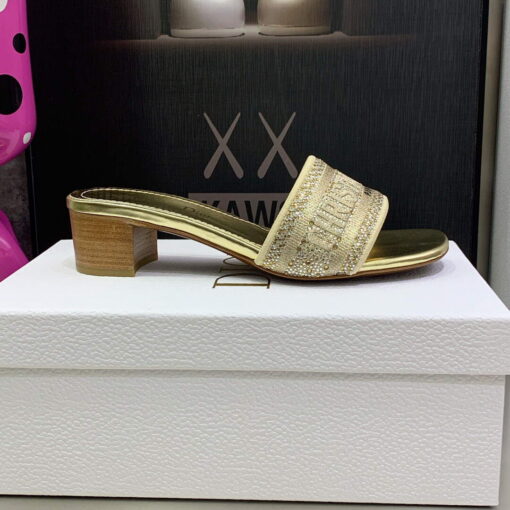 Replica Dior Women’s Shoes Dway Heeled Slide Metallic Thread Strass KCQ244LCS Gold 5