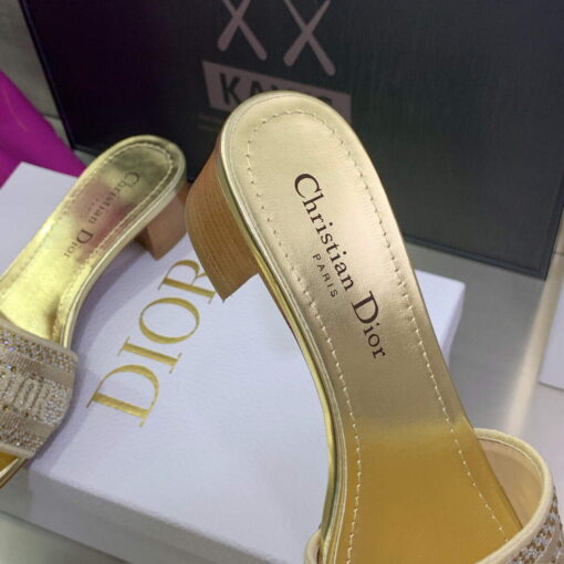 Replica Dior Women’s Shoes Dway Heeled Slide Metallic Thread Strass KCQ244LCS Gold 7