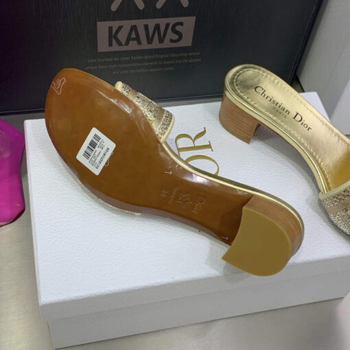 Replica Dior Women’s Shoes Dway Heeled Slide Metallic Thread Strass KCQ244LCS Gold 8