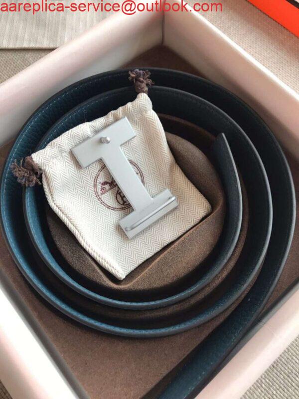 Replica Hermes Quizz 32mm Reversible Belt In Blue Clemence Leather 2
