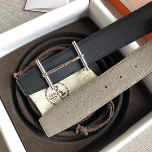 Replica Hermes H d'Ancre Reversible Belt In Grey/Noir Leather 4