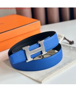 Replica Hermes H Striee Reversible Belt 32MM in Blue and Black Epsom Calfskin