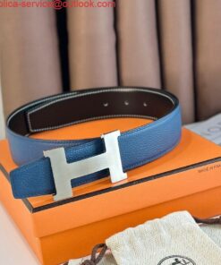 Replica Hermes Constance Reversible Belt 38MM in Blue Clemence Leather