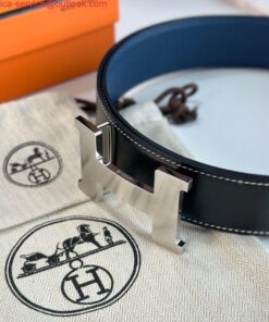 Replica Hermes Constance Reversible Belt 38MM in Blue Clemence Leather 2