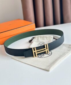 Replica Hermes H au Carre Reversible Belt 32MM in Green and Black Epsom Leather 2