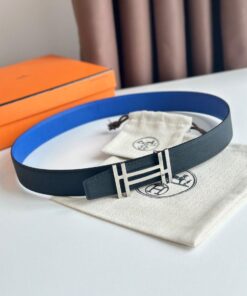 Replica Hermes H au Carre Reversible Belt 32MM in Blue and Black Epsom Leather 2