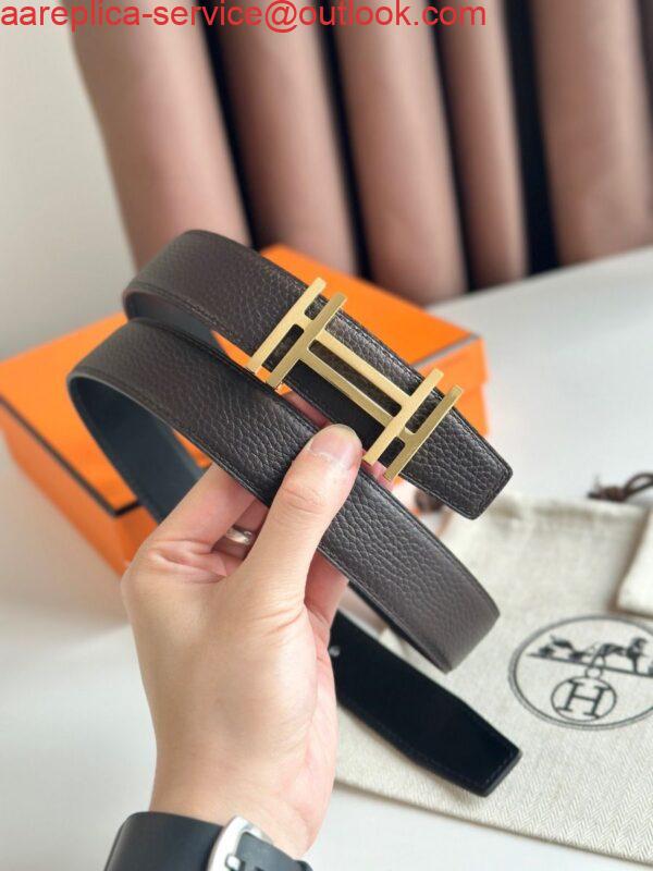 Replica Hermes H au Carre Reversible Belt 32MM in Chocolate Clemence Leather 5
