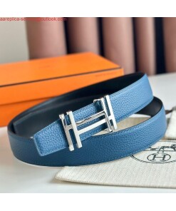 Replica Hermes H au Carre Reversible Belt 32MM in Blue Clemence Leather