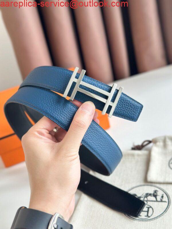 Replica Hermes H au Carre Reversible Belt 32MM in Blue Clemence Leather 5