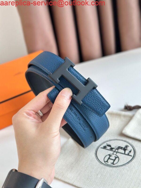 Replica Hermes H Reversible 32MM Belt with Matte Buckle in Blue Clemence Leather 4