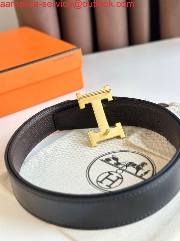 Replica Hermes H Reversible Belt 32MM in Chocolate Clemence Leather 6