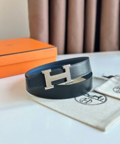 Replica Hermes H Reversible Belt 32MM in Blue Clemence Leather 2