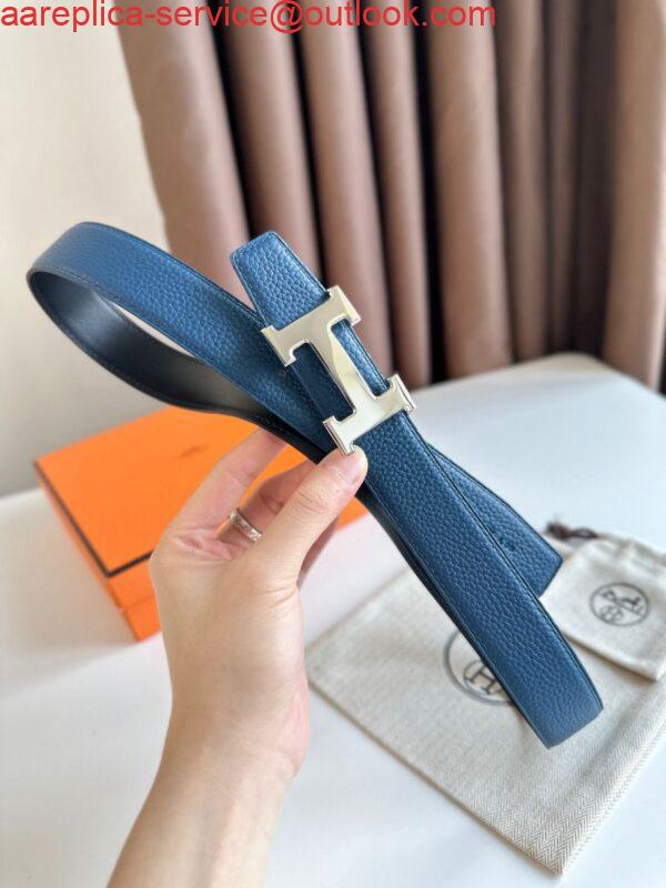 Replica Hermes H Reversible Belt 32MM in Blue Clemence Leather 3