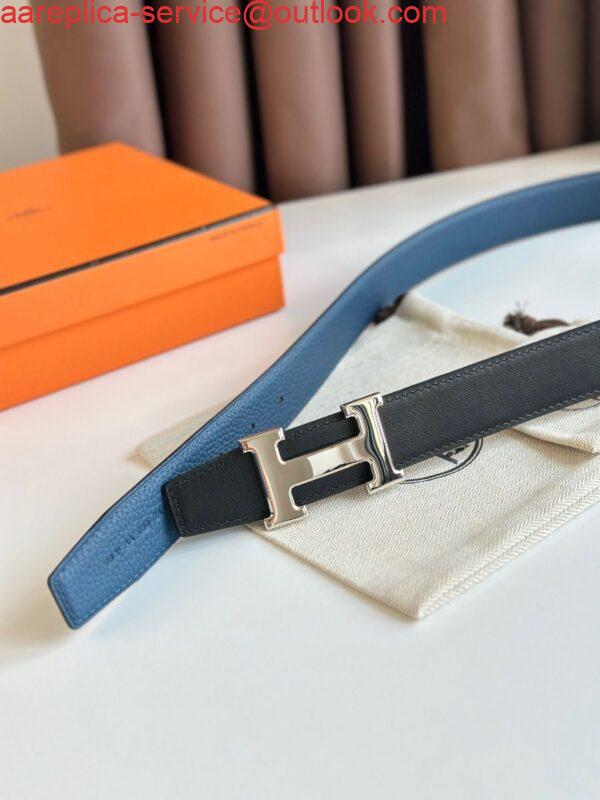 Replica Hermes H Reversible Belt 32MM in Blue Clemence Leather 4