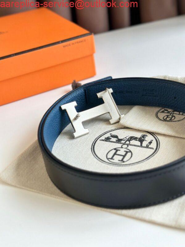Replica Hermes H Reversible Belt 32MM in Blue Clemence Leather 6