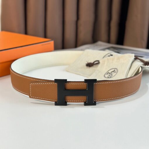 Replica Hermes H Reversible 38MM Belt with matte Buckle in White and Gold Epsom Leather 2