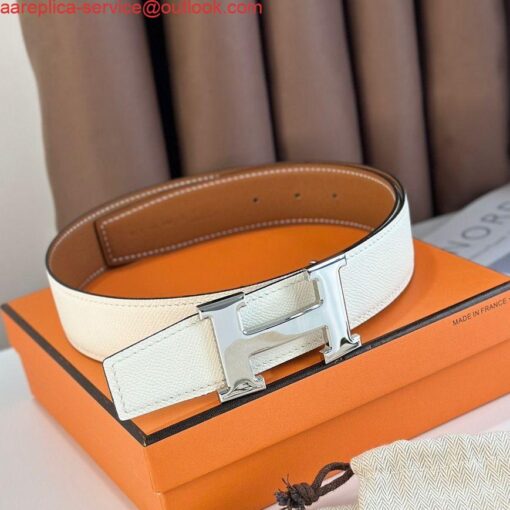 Replica Hermes H Reversible Belt 38MM in White and Gold Epsom Leather