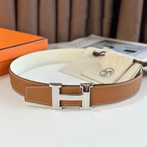 Replica Hermes H Reversible Belt 38MM in White and Gold Epsom Leather 2