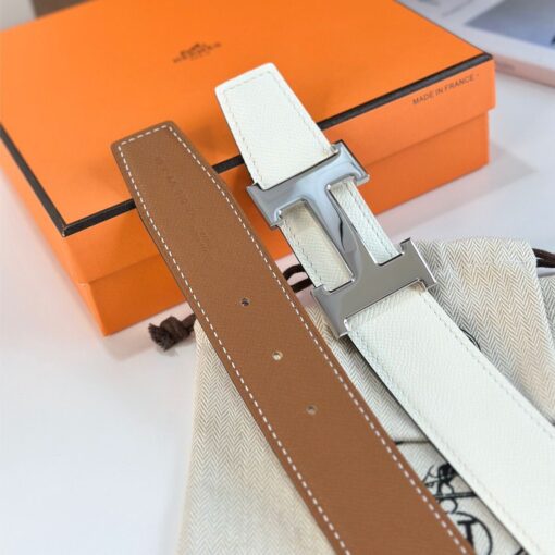 Replica Hermes H Reversible Belt 38MM in White and Gold Epsom Leather 4