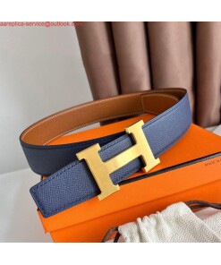 Replica Hermes H Reversible Belt 38MM in Blue and Gold Epsom Leather