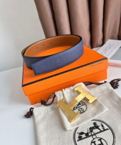 Replica Hermes H Reversible Belt 38MM in Blue and Gold Epsom Leather 2
