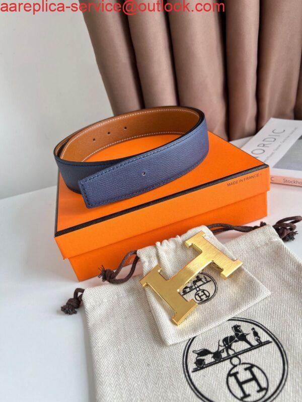 Replica Hermes H Reversible Belt 38MM in Blue and Gold Epsom Leather 2