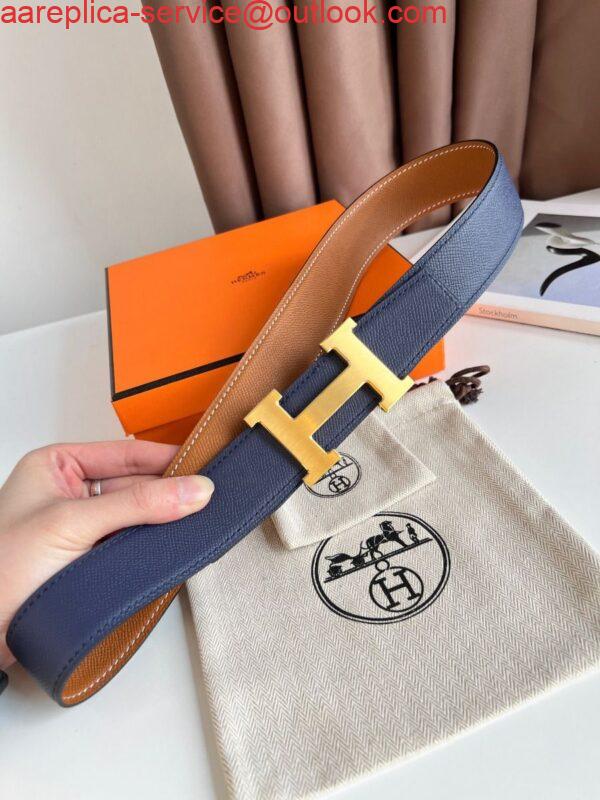 Replica Hermes H Reversible Belt 38MM in Blue and Gold Epsom Leather 3
