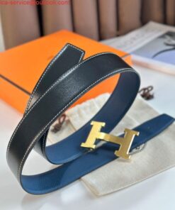 Replica Hermes H Reversible Belt 38MM in Blue Clemence Leather 2