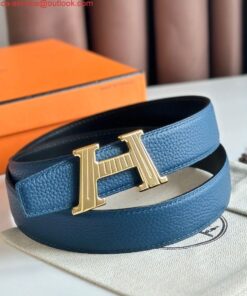 Replica Hermes H Take Off Reversible Belt 32MM in Blue Clemence Leather