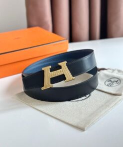 Replica Hermes H Take Off Reversible Belt 32MM in Blue Clemence Leather 2
