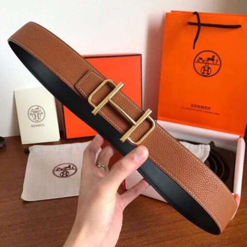 Replica Hermes Royal 38MM Reversible Belt In Brown Clemence Leather 4