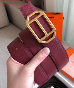 Replica Hermes Pad Reversible Belt In Ruby/Brown Epsom Leather