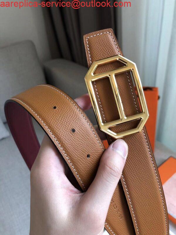 Replica Hermes Pad Reversible Belt In Ruby/Brown Epsom Leather 4