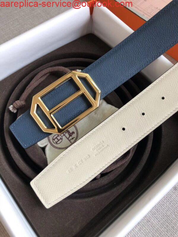 Replica Hermes Pad Reversible Belt In Blue/White Epsom Leather 3