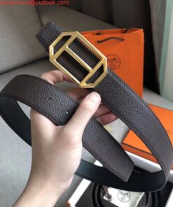Replica Hermes Pad Reversible Belt In Cafe Clemence Leather 2