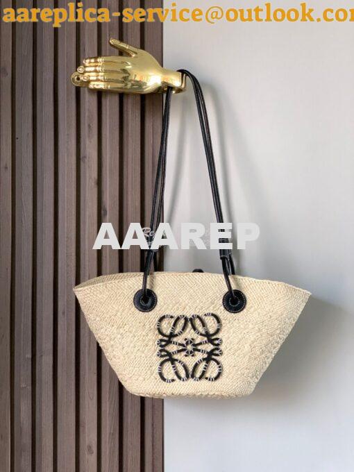 Replica Loewe Small Anagram Basket bag in Iraca Palm and Black Calfski 2