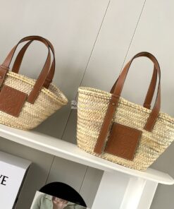 Replica Loewe Basket bag in Palm Leaf and Calfskin 8004