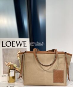 Replica Loewe Cushion Leather-Trimmed Canvas Tote Bag 66025 Taupe
