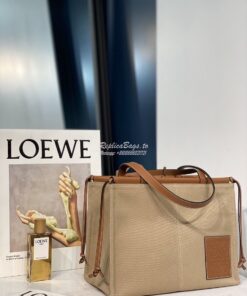 Replica Loewe Cushion Leather-Trimmed Canvas Tote Bag 66025 Taupe 2