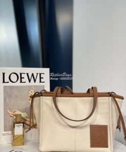 Replica Loewe Cushion Leather-Trimmed Canvas Tote Bag 66025 Beige