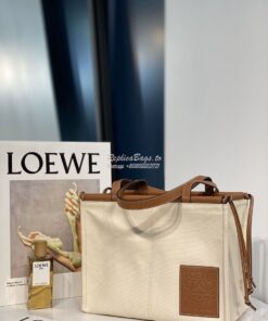Replica Loewe Cushion Leather-Trimmed Canvas Tote Bag 66025 Beige 2
