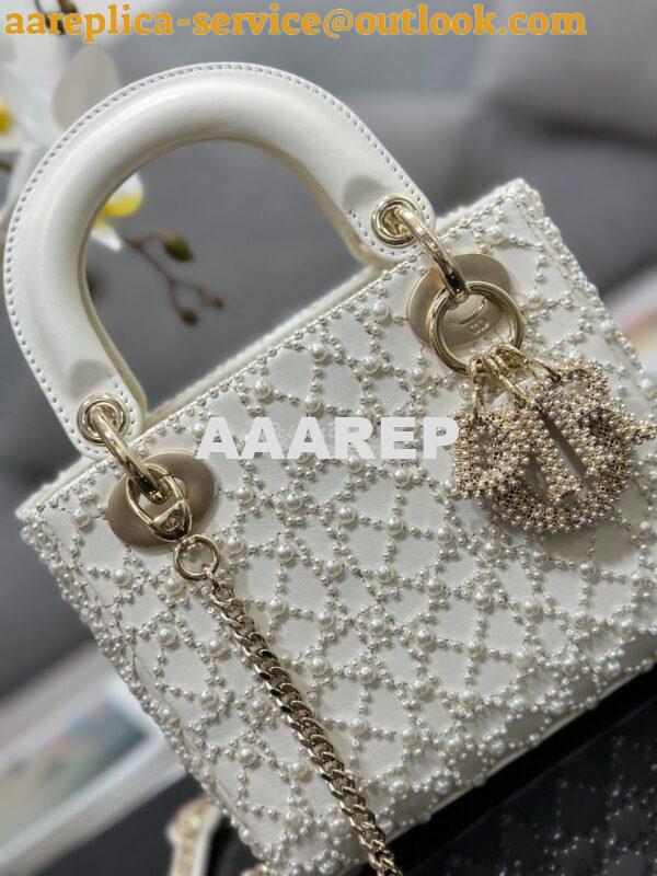 Replica Dior Mini Lady Dior Latte Calfskin Embroidered with Resin Pear 3