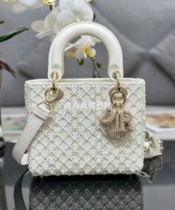 Replica Dior Small Lady Dior Latte Calfskin Embroidered with Resin Pea 2