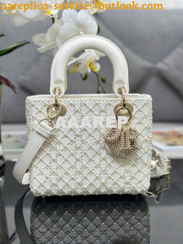 Replica Dior Small Lady Dior Latte Calfskin Embroidered with Resin Pea 2