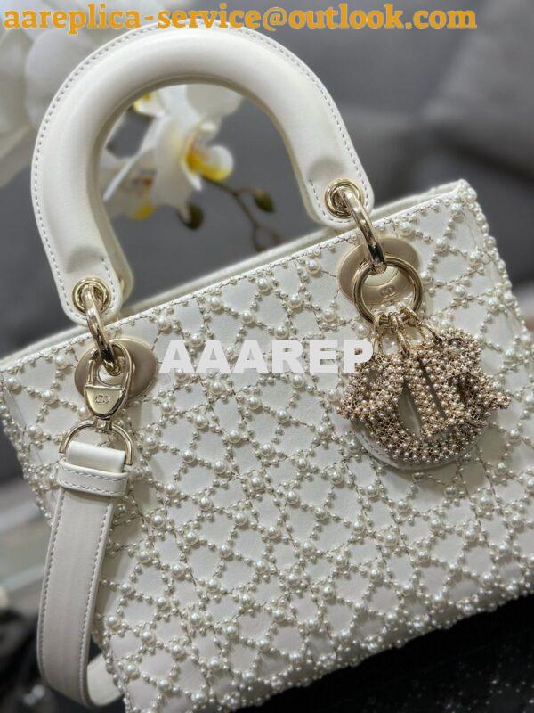 Replica Dior Small Lady Dior Latte Calfskin Embroidered with Resin Pea 3