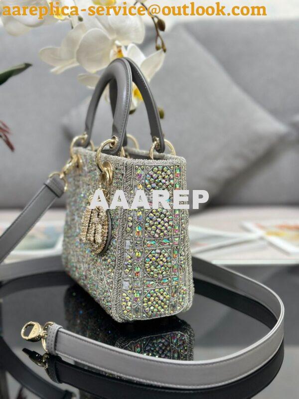 Replica Dior Small Lady Dior Gray Smooth Calfskin and Satin with Bead 4
