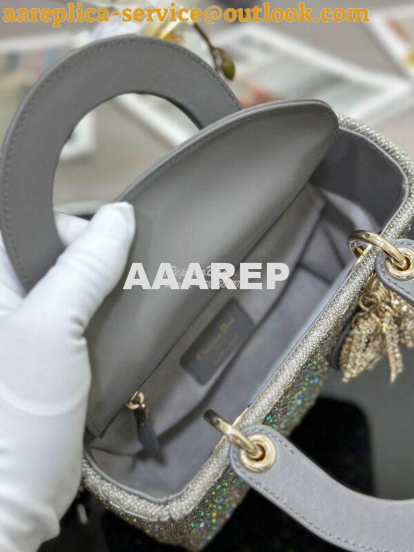 Replica Dior Small Lady Dior Gray Smooth Calfskin and Satin with Bead 7