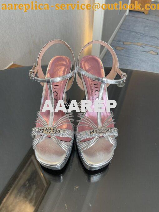 Replica Gucci GG-Chain Metallic-Leather Sandals 746614 Silver 2