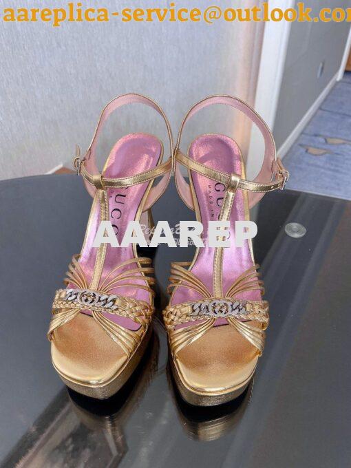 Replica Gucci GG-Chain Metallic-Leather Sandals 746614 Gold 3