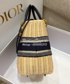 Replica Lady Dior Medium Bag Natural Wicker and Blue Dior Oblique Jacq 2